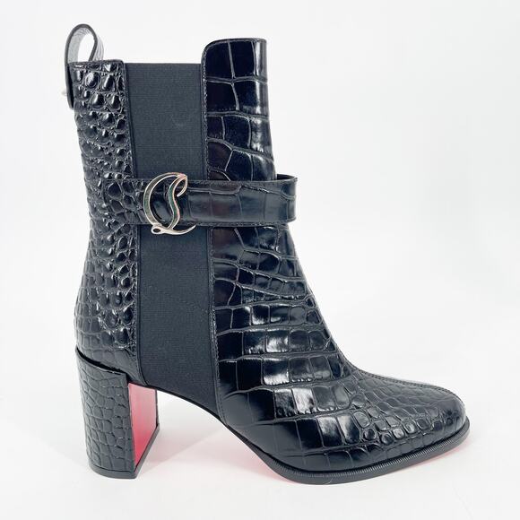 Christian Louboutin CL Chelsea Booty 70 Black Croc Embossed Leather Boots EU 41 - Picture 2 of 11